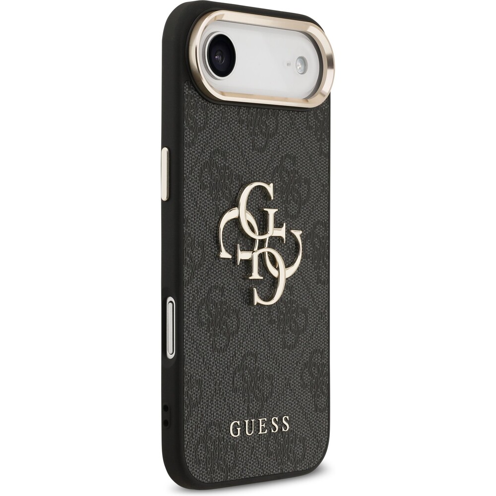 Guess-PU-Leather-4G-Metal-Logo-Gold-Frame-MagSafe-kryt-iPhone-Air-cerny