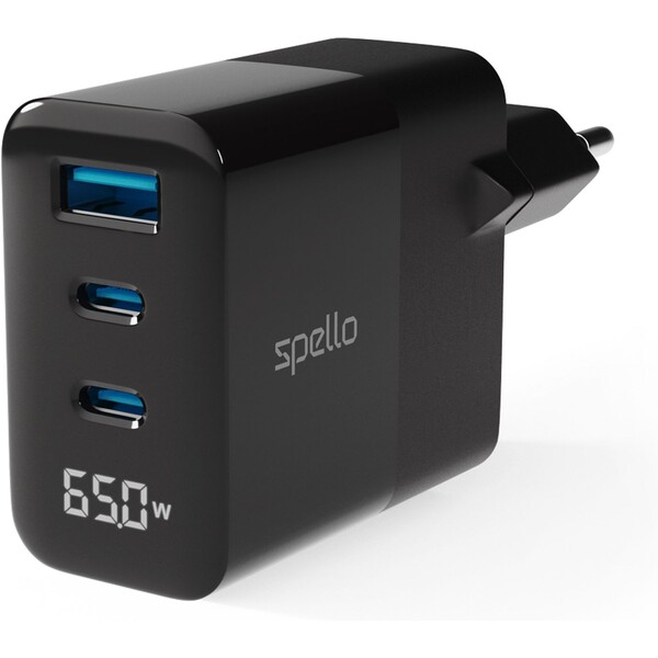 Spello-ForceBoost-Display-GaN-65W-nabijeci-adapter-cerny