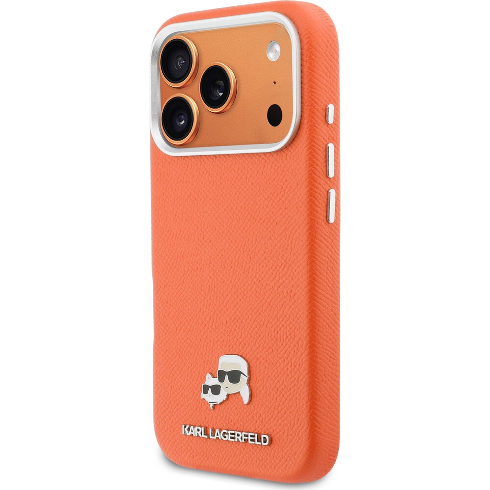 Karl-Lagerfeld-PU-Karl-and-Choupette-Heads-Pins-MagSafe-kryt-iPhone-17-Pro-Max-oranzovy