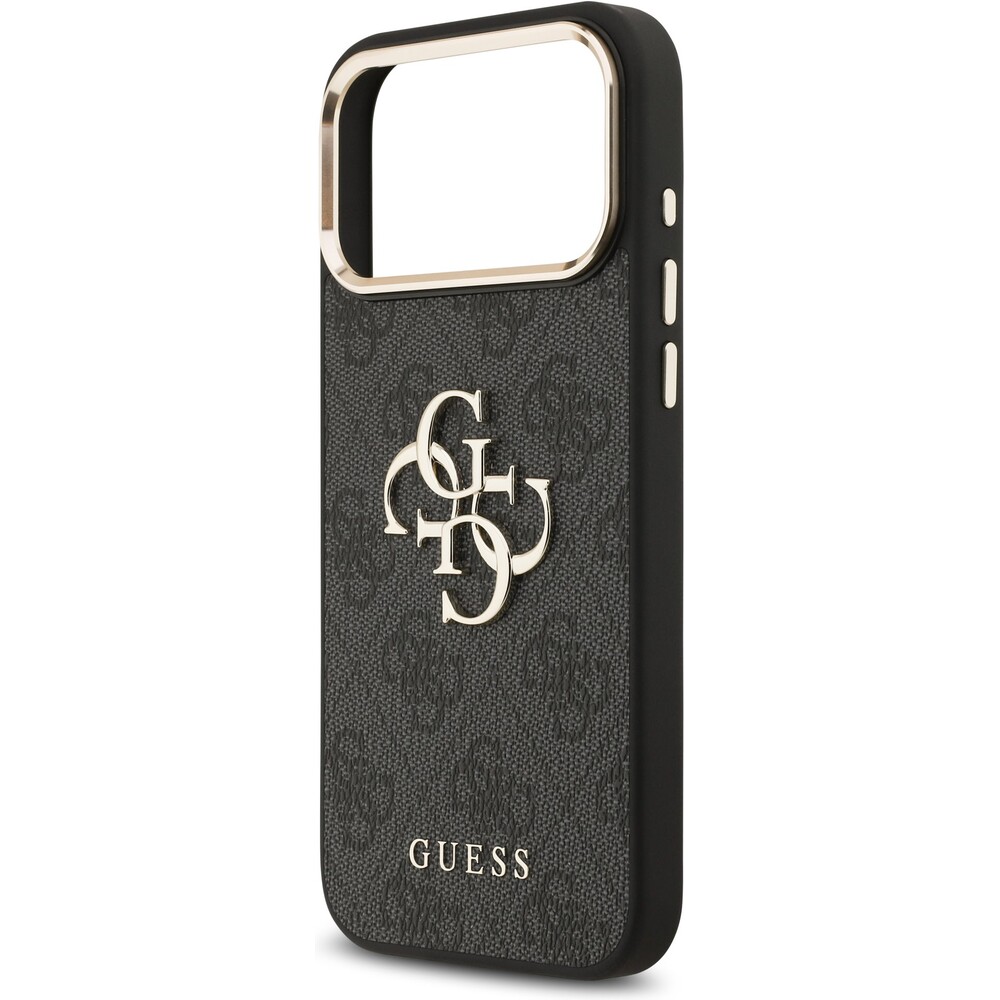Guess-PU-Leather-4G-Metal-Logo-Gold-Frame-MagSafe-kryt-iPhone-17-Pro-Max-cerny