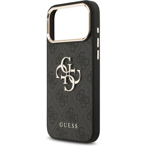 Guess-PU-Leather-4G-Metal-Logo-Gold-Frame-MagSafe-kryt-iPhone-17-Pro-Max-cerny
