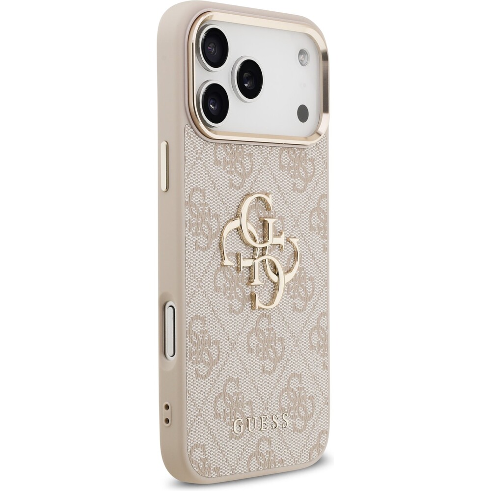 Guess-PU-Leather-4G-Metal-Logo-Gold-Frame-MagSafe-kryt-iPhone-17-Pro-Max-ruzovy