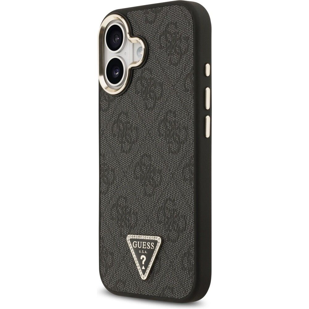 Guess-PU-Leather-4G-Triangle-Logo-Gold-Frame-MagSafe-kryt-iPhone-17-cerny
