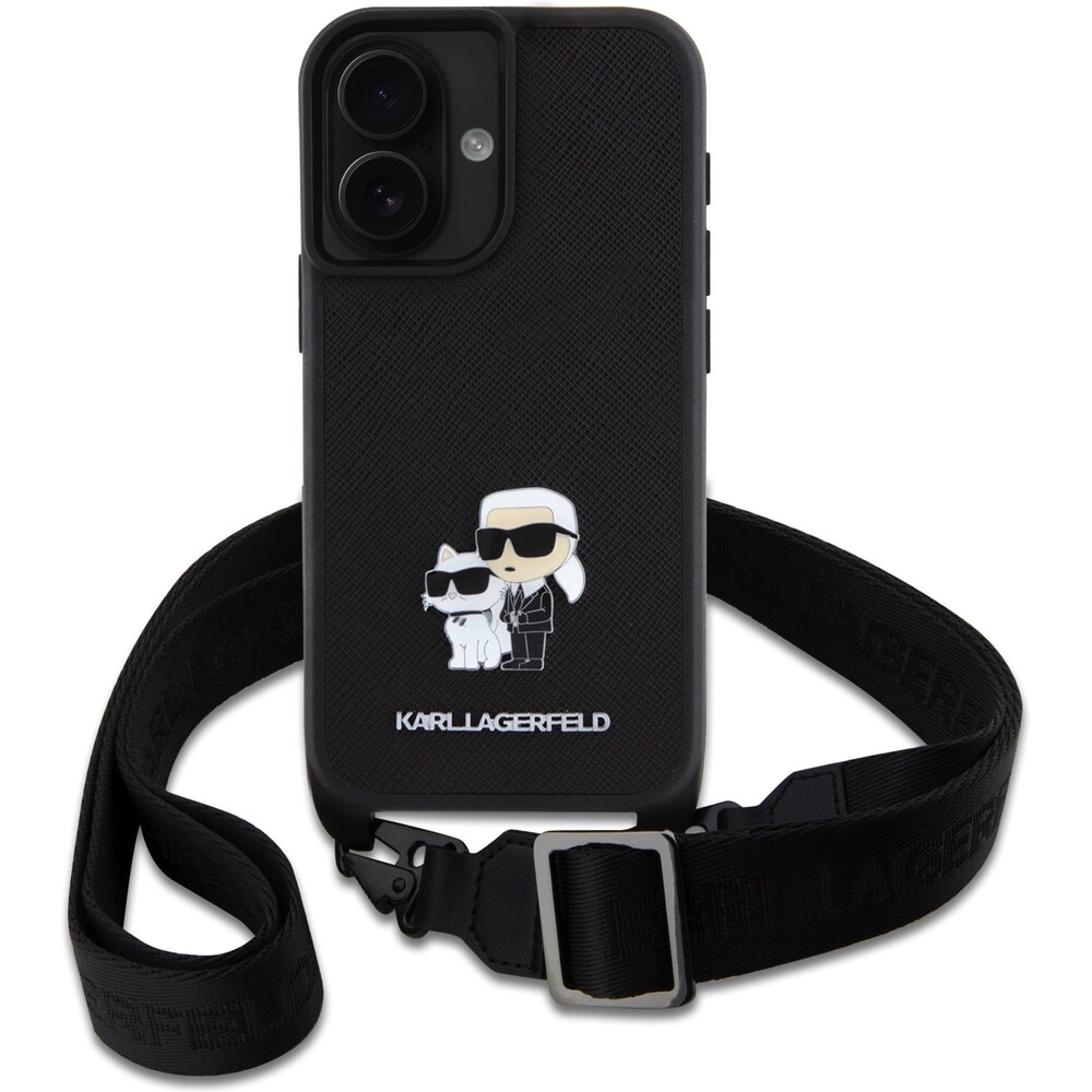 Karl-Lagerfeld-Saffiano-Crossbody-Popruh-Metal-Karl-and-Choupette-kryt-pro-iPhone-16-cerny