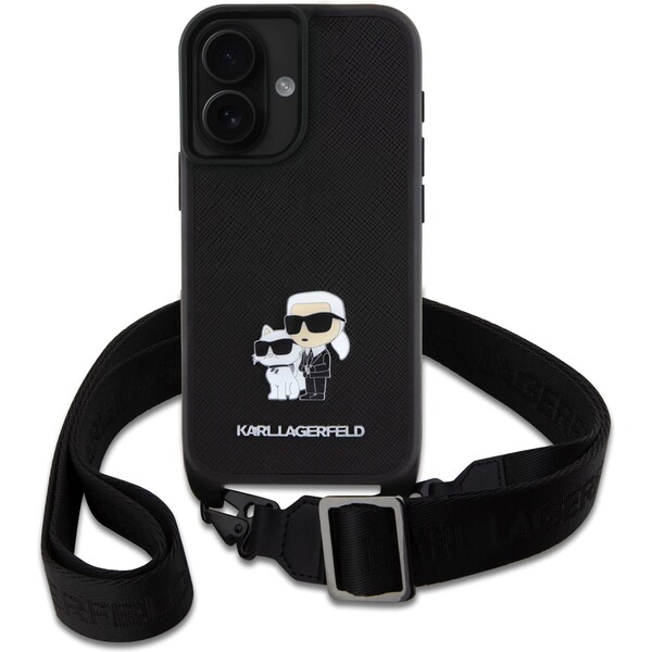 Karl-Lagerfeld-Saffiano-Crossbody-Popruh-Metal-Karl-and-Choupette-kryt-pro-iPhone-16-cerny