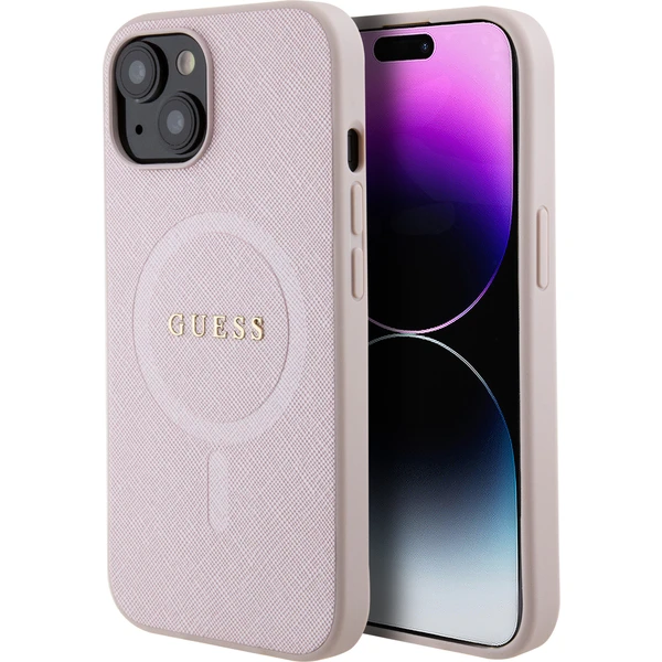Guess PU Saffiano MagSafe kryt iPhone 15 růžový - Pouzdra - Hlavní obrázek