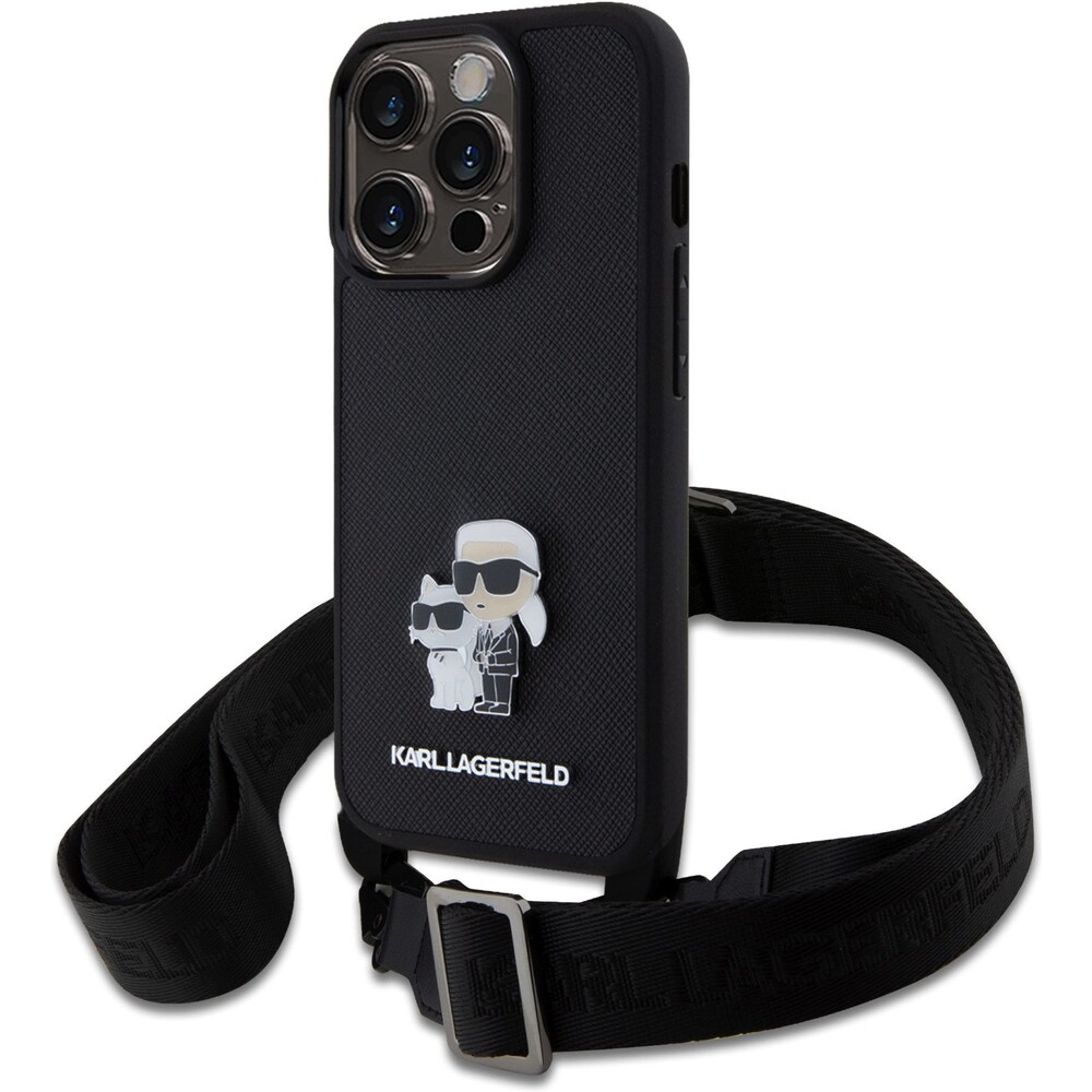 Karl-Lagerfeld-Saffiano-Crossbody-Metal-Karl-and-Choupette-kryt-iPhone-15-Pro-cerny
