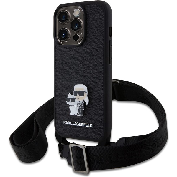 Karl-Lagerfeld-Saffiano-Crossbody-Metal-Karl-and-Choupette-kryt-iPhone-15-Pro-cerny