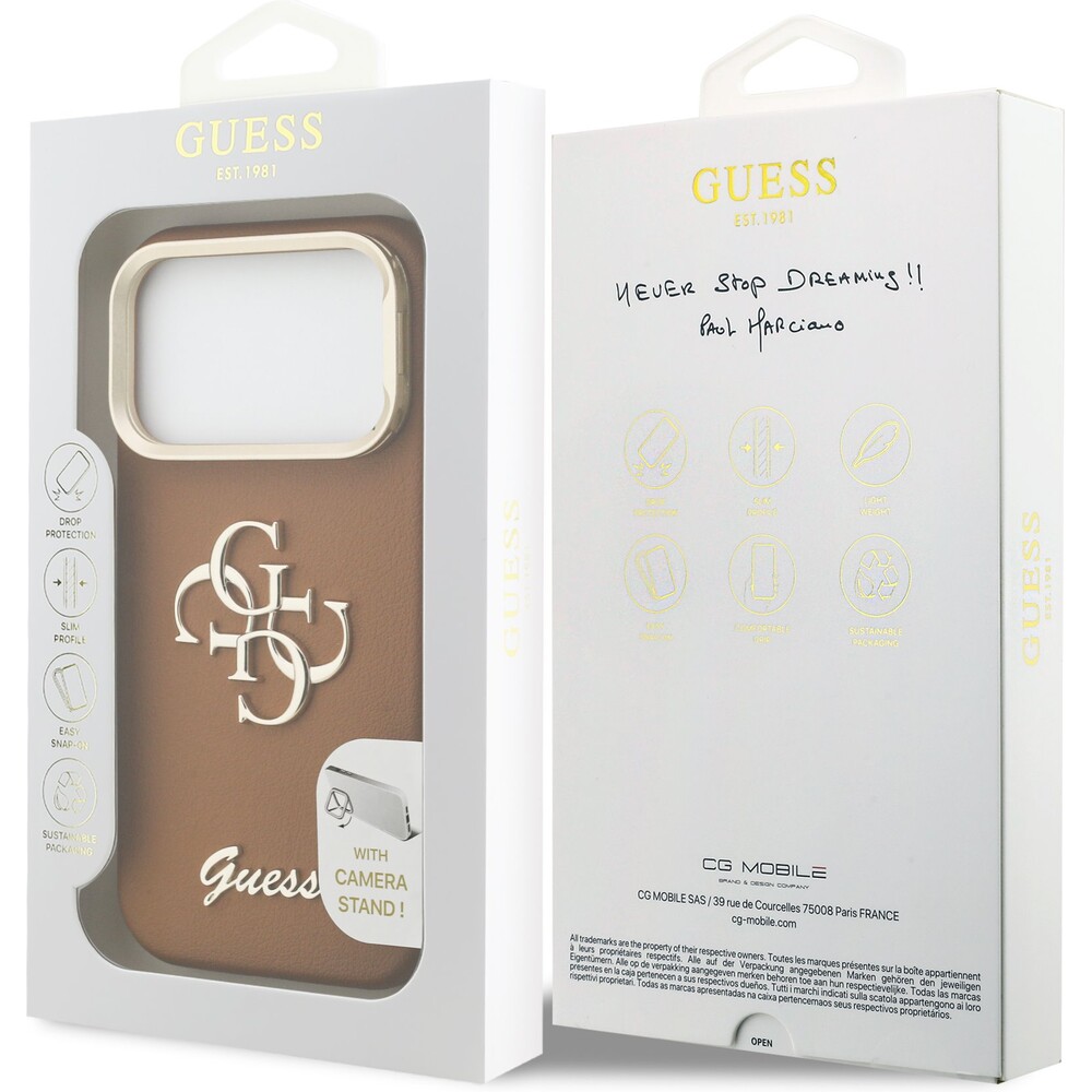 Guess-PU-Grained-4G-Logo-Stand-Camera-Frame-kryt-iPhone-17-Pro-hnedy