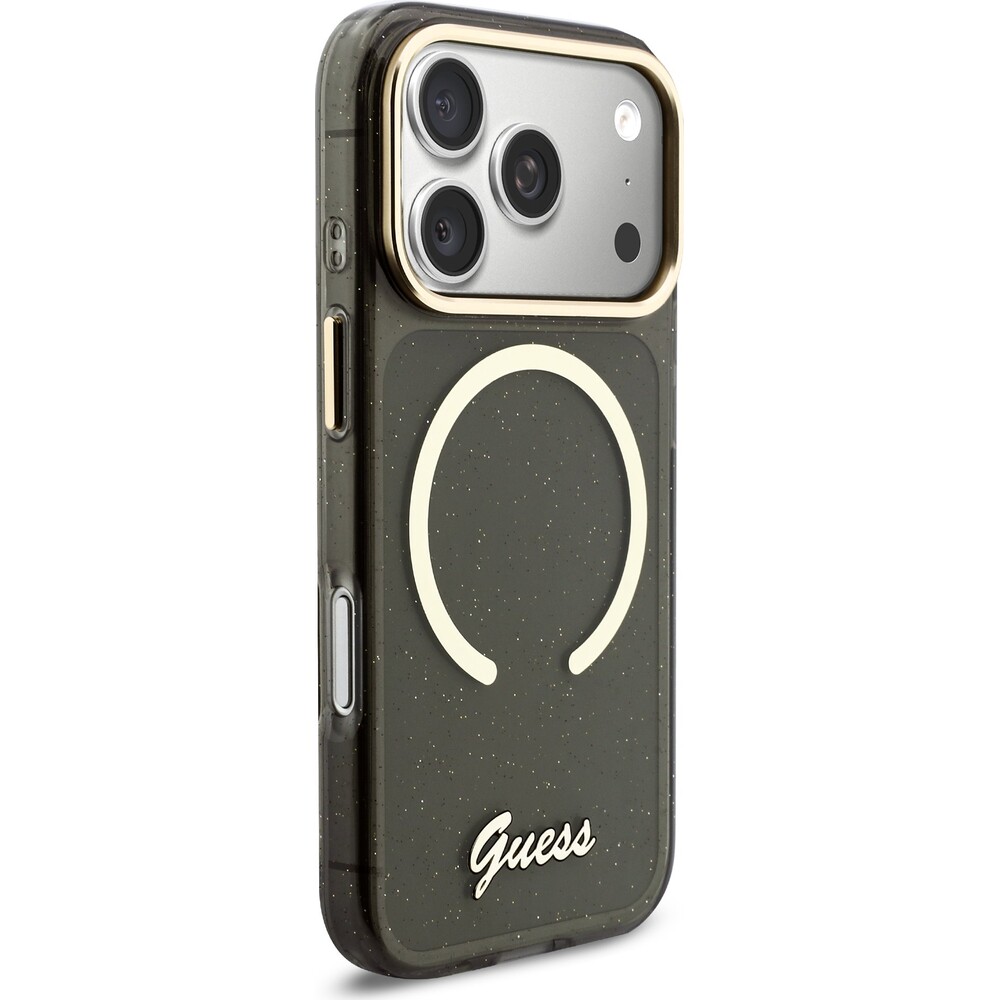 Guess-IML-Glitter-Script-Strap-MagSafe-kryt-iPhone-17-Pro-cerny