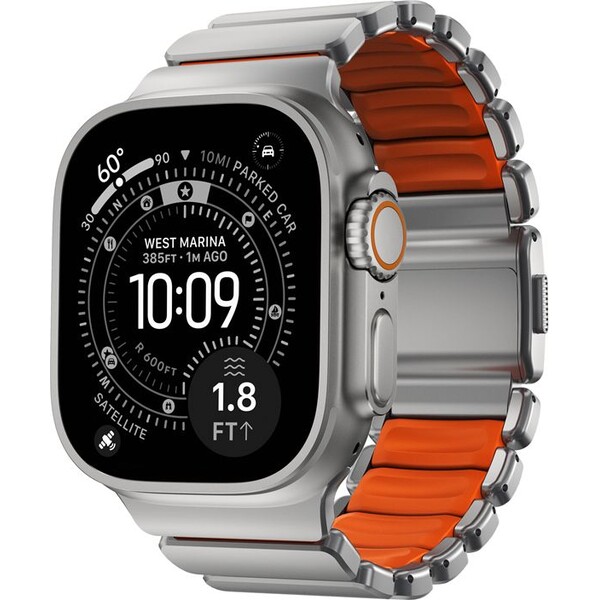 Nomad-Stratos-Band-FKM-reminek-Apple-Watch-45-46-49mm-Natural-Titanium-Ultra-Orange