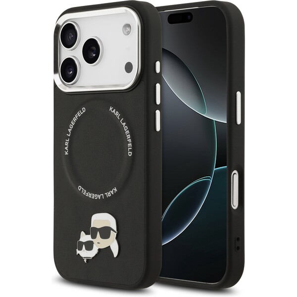 Karl-Lagerfeld-PU-Karl-and-Choupette-Heads-Pins-MagSafe-kryt-iPhone-17-Pro-cerny