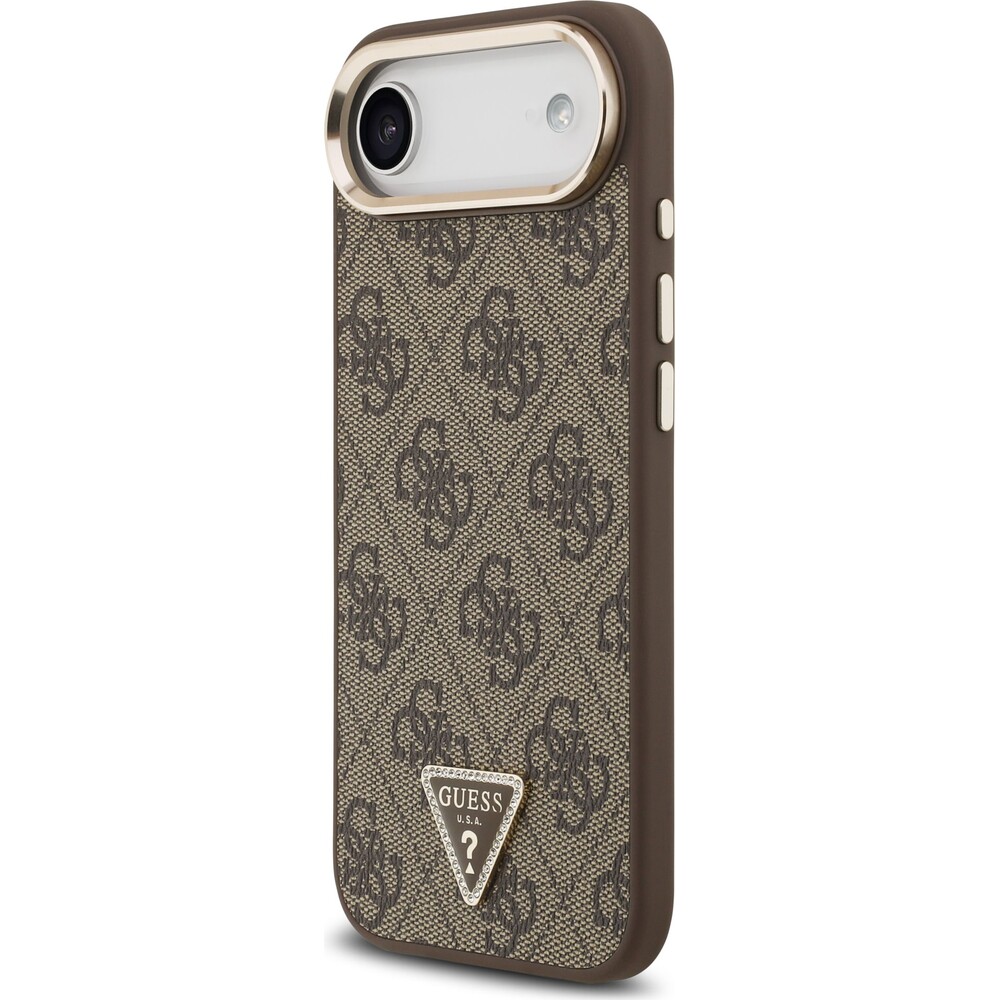 Guess-PU-Leather-4G-Triangle-Logo-Gold-Frame-MagSafe-kryt-iPhone-Air-hnedy