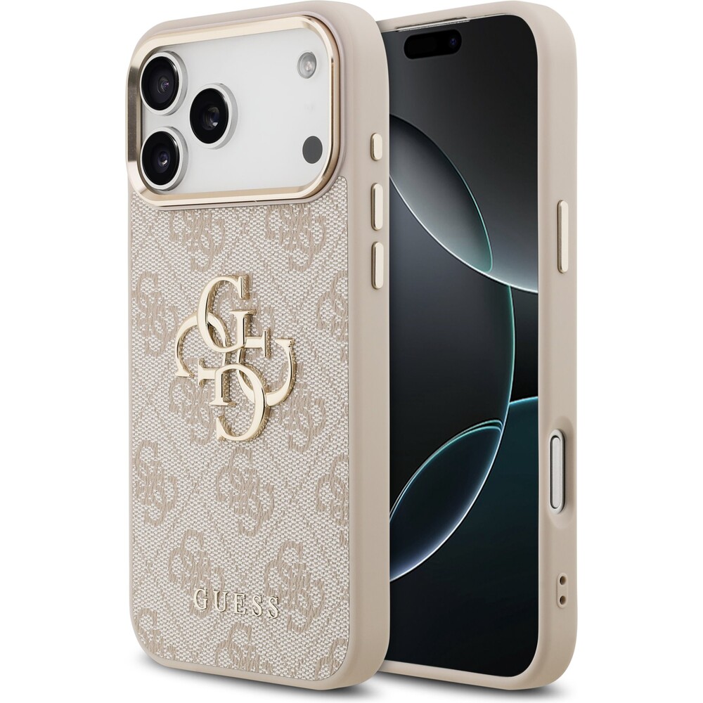 Guess-PU-Leather-4G-Metal-Logo-Gold-Frame-MagSafe-kryt-iPhone-17-Pro-Max-ruzovy