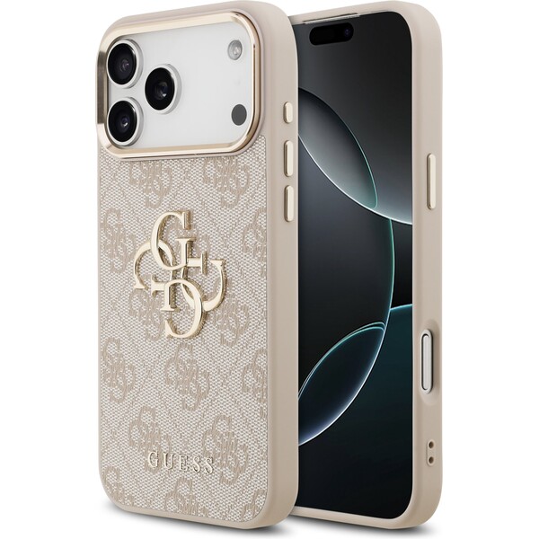 Guess-PU-Leather-4G-Metal-Logo-Gold-Frame-MagSafe-kryt-iPhone-17-Pro-Max-ruzovy