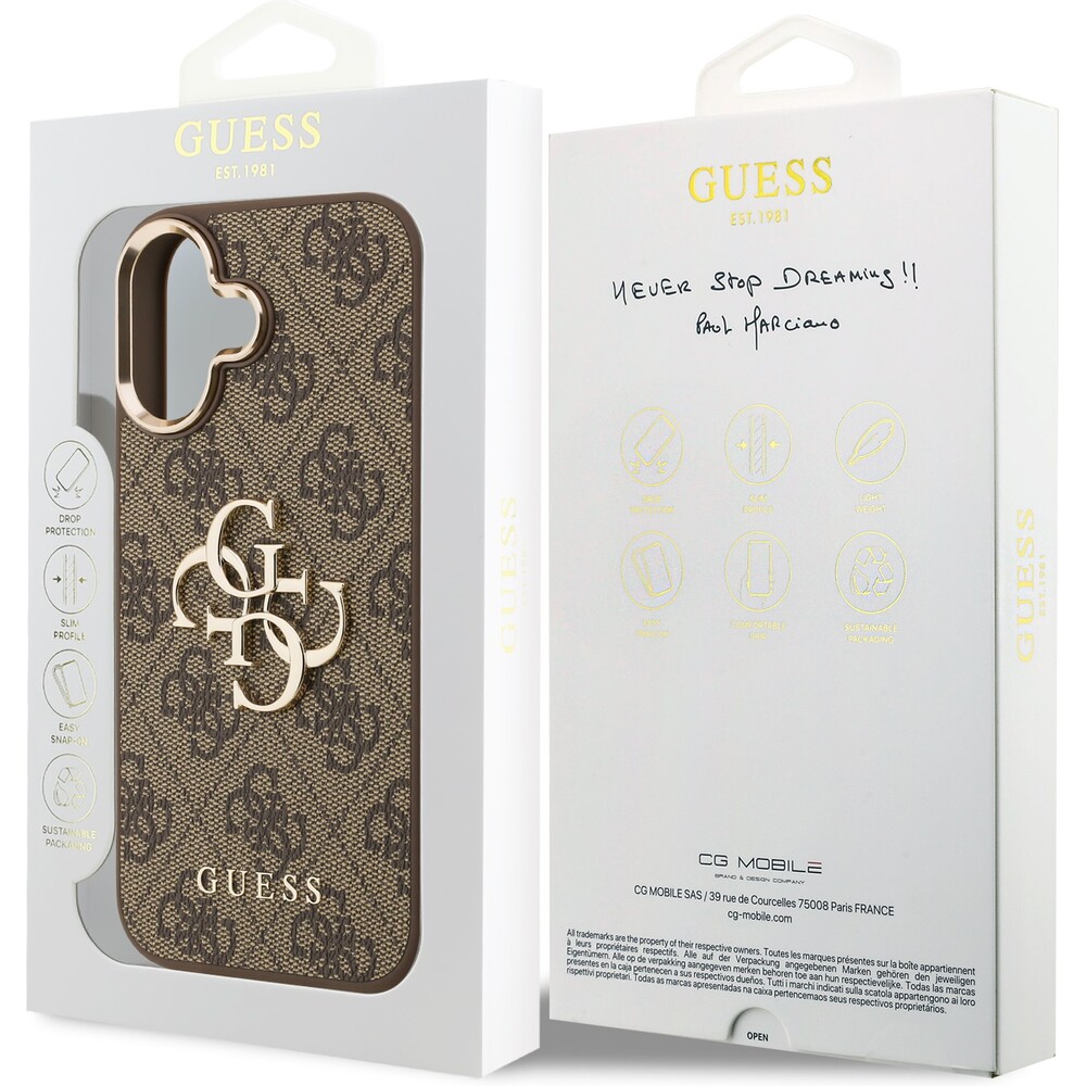 Guess-PU-Leather-4G-Metal-Logo-Gold-Frame-MagSafe-kryt-iPhone-17-hnedy