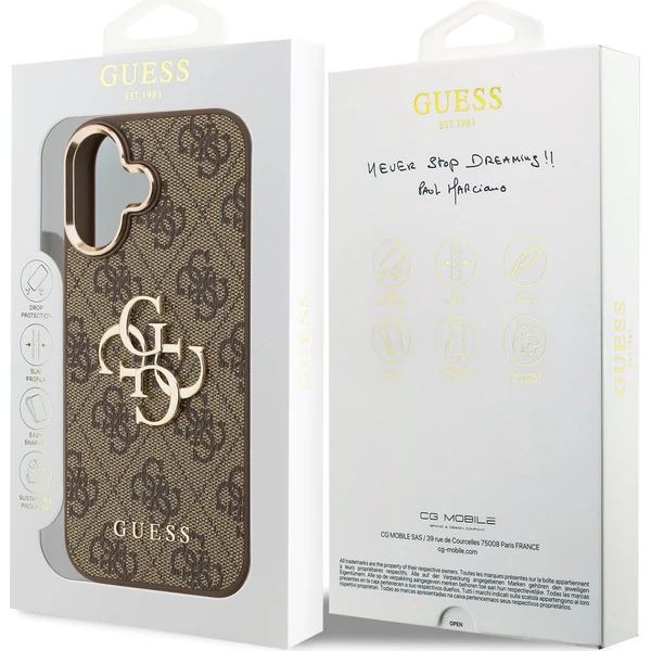 Guess-PU-Leather-4G-Metal-Logo-Gold-Frame-MagSafe-kryt-iPhone-17-hnedy