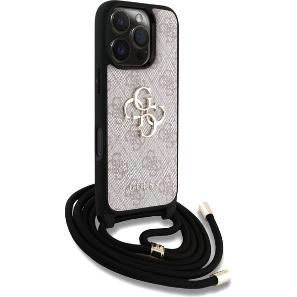 Guess-PU-4G-Metal-Logo-Crossbody-popruh-kryt-iPhone-16-Pro-ruzovy