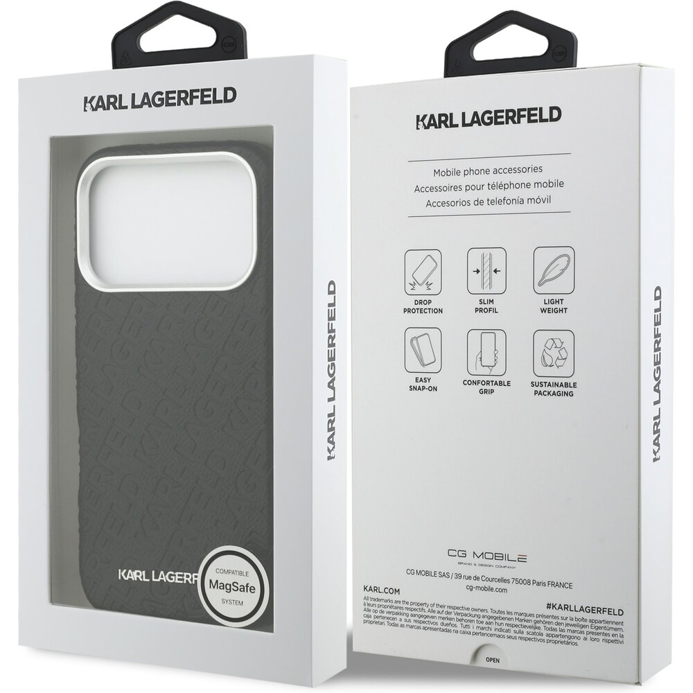 Karl-Lagerfeld-Grained-PU-Repeated-Logo-MagSafe-kryt-iPhone-17-Pro-cerny