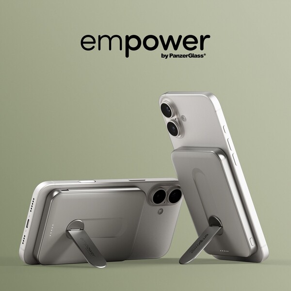 PanzerGlass-empower-bezdratova-Qi2-powerbanka-5000-mAh-MagSafe-otocny-stojanek-seda