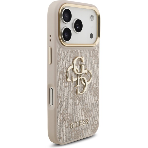 Guess-PU-Leather-4G-Metal-Logo-Gold-Frame-kryt-iPhone-17-Pro-ruzovy
