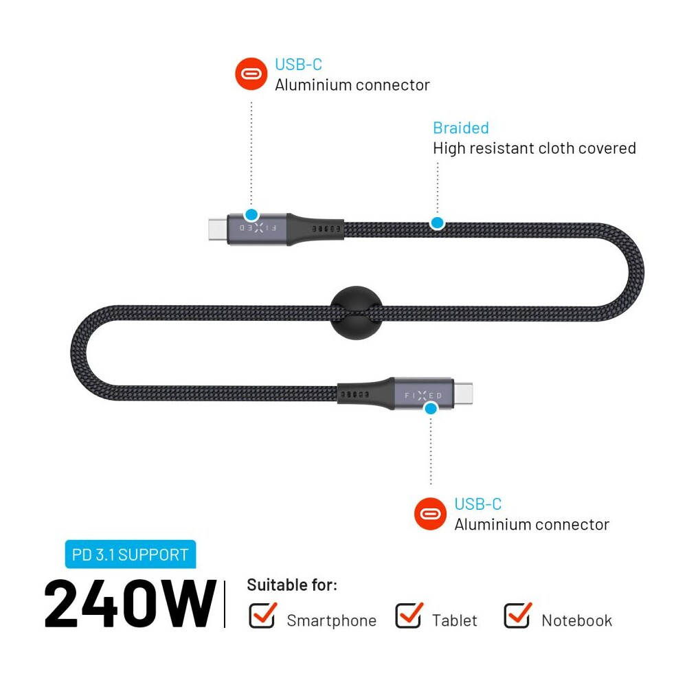 FIXED-Multimedia-Cabel-USB-C-napajeci-a-datovy-kabel-4K-60z-20Gbps-240W-2m-sedy