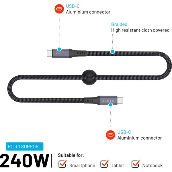 FIXED-Multimedia-Cabel-USB-C-napajeci-a-datovy-kabel-4K-60z-20Gbps-240W-2m-sedy
