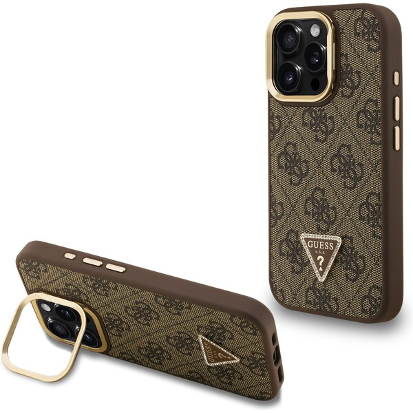 Guess-PU-4G-Strass-Triangle-Logo-Stand-Camera-Frame-MagSafe-kryt-iPhone-16-Pro-hnedy