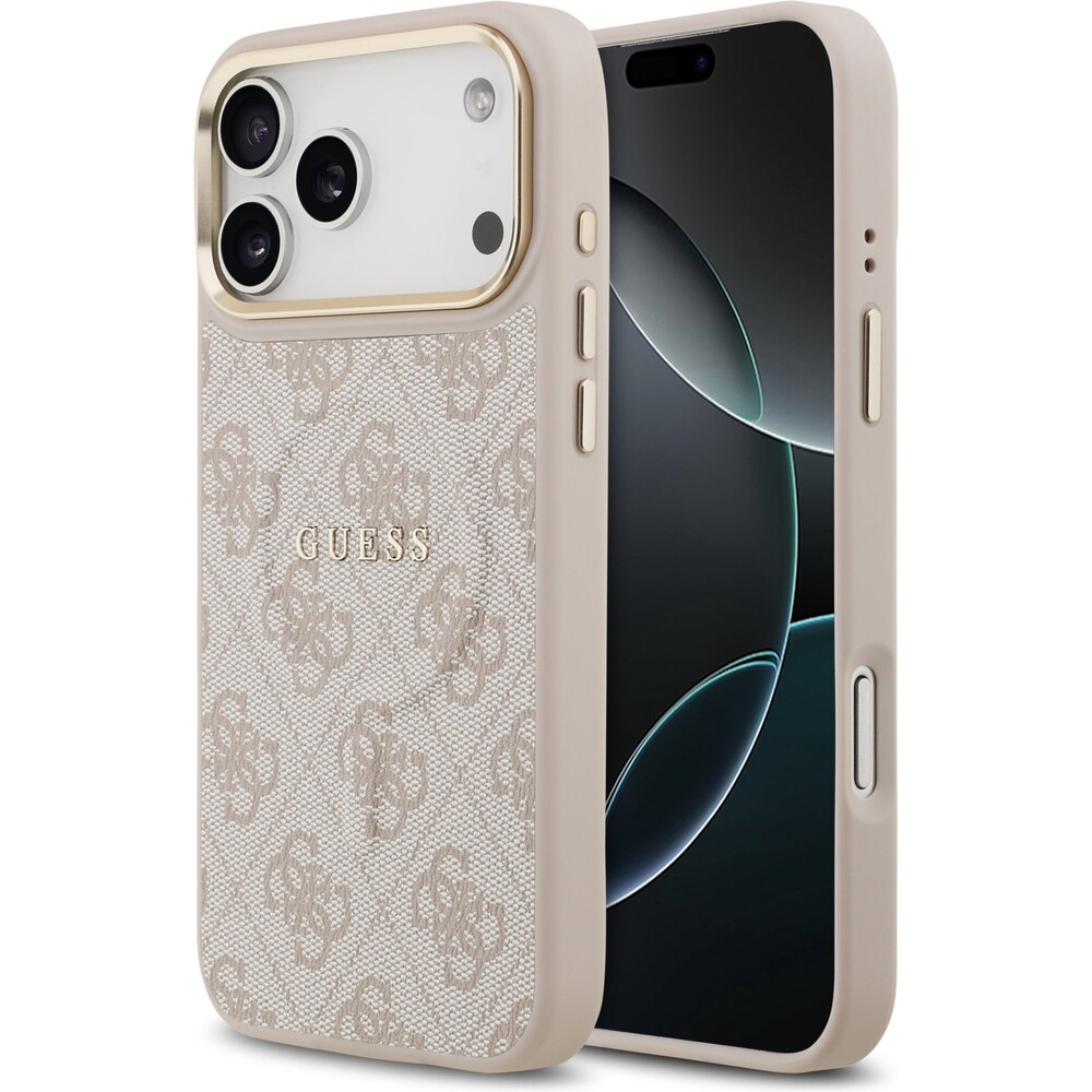 Guess-PU-Leather-4G-Gold-Frame-MagSafe-kryt-iPhone-17-Pro-Max-ruzovy