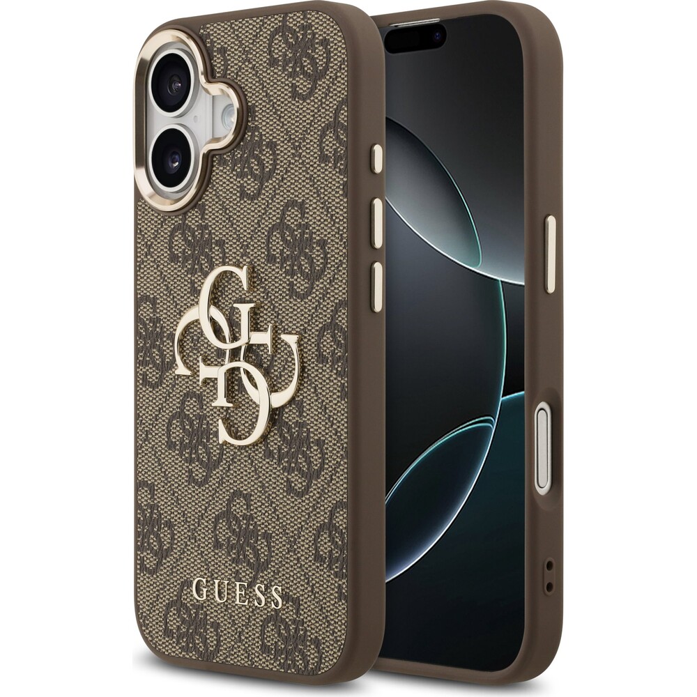 Guess-PU-Leather-4G-Metal-Logo-Gold-Frame-MagSafe-kryt-iPhone-17-hnedy
