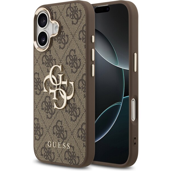 Guess-PU-Leather-4G-Metal-Logo-Gold-Frame-MagSafe-kryt-iPhone-17-hnedy