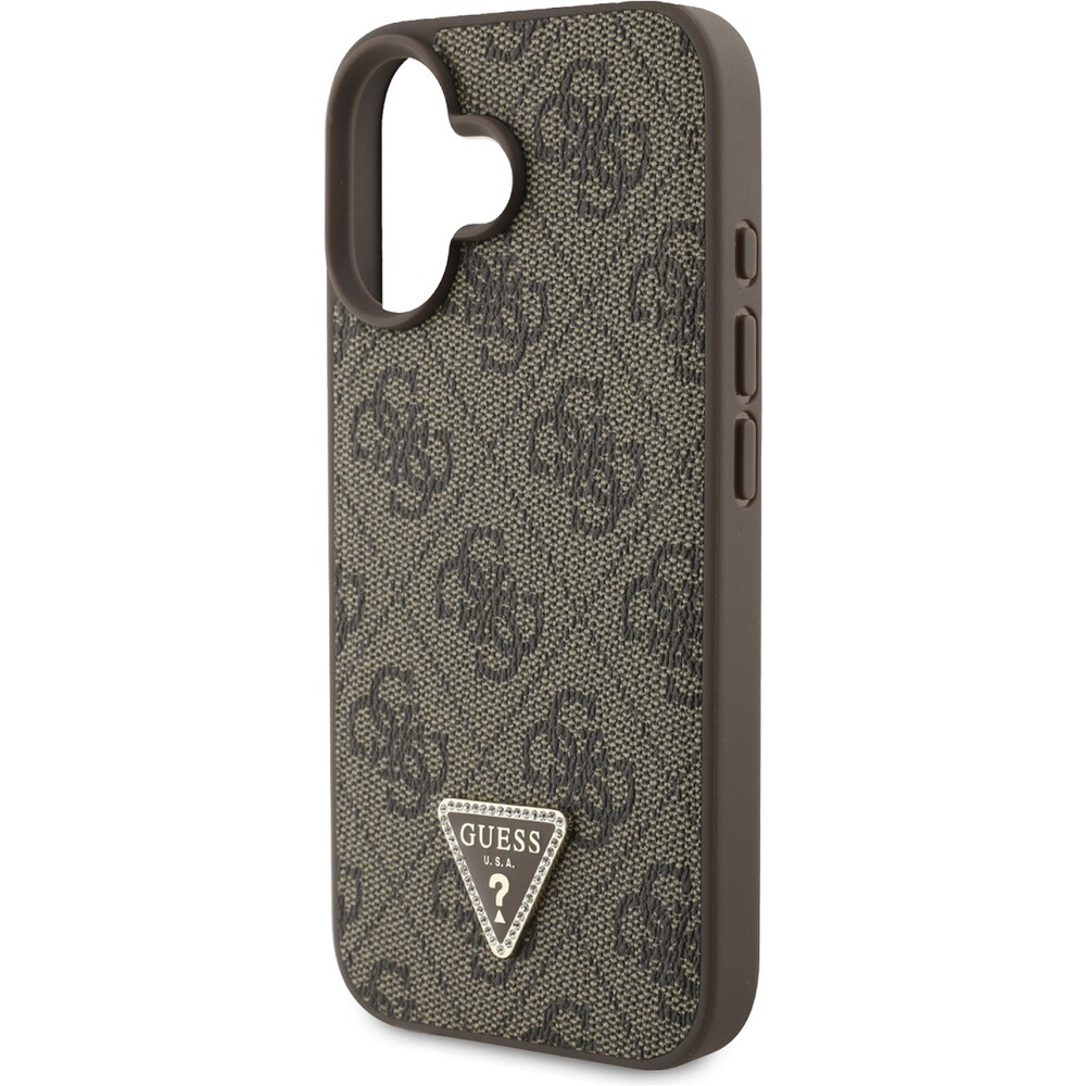 Guess-PU-4G-Strass-Triangle-Metal-Logo-kryt-Crossbody-Popruh-pro-iPhone-16-hnedy