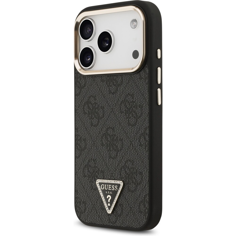 Guess-PU-Leather-4G-Triangle-Logo-Gold-Frame-MagSafe-kryt-iPhone-17-Pro-cerny