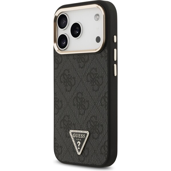 Guess-PU-Leather-4G-Triangle-Logo-Gold-Frame-MagSafe-kryt-iPhone-17-Pro-cerny
