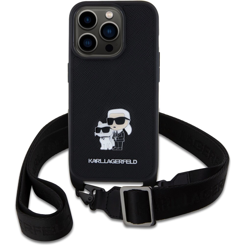 Karl-Lagerfeld-Saffiano-Crossbody-Metal-Karl-and-Choupette-kryt-iPhone-15-Pro-cerny