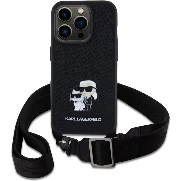 Karl-Lagerfeld-Saffiano-Crossbody-Metal-Karl-and-Choupette-kryt-iPhone-15-Pro-cerny