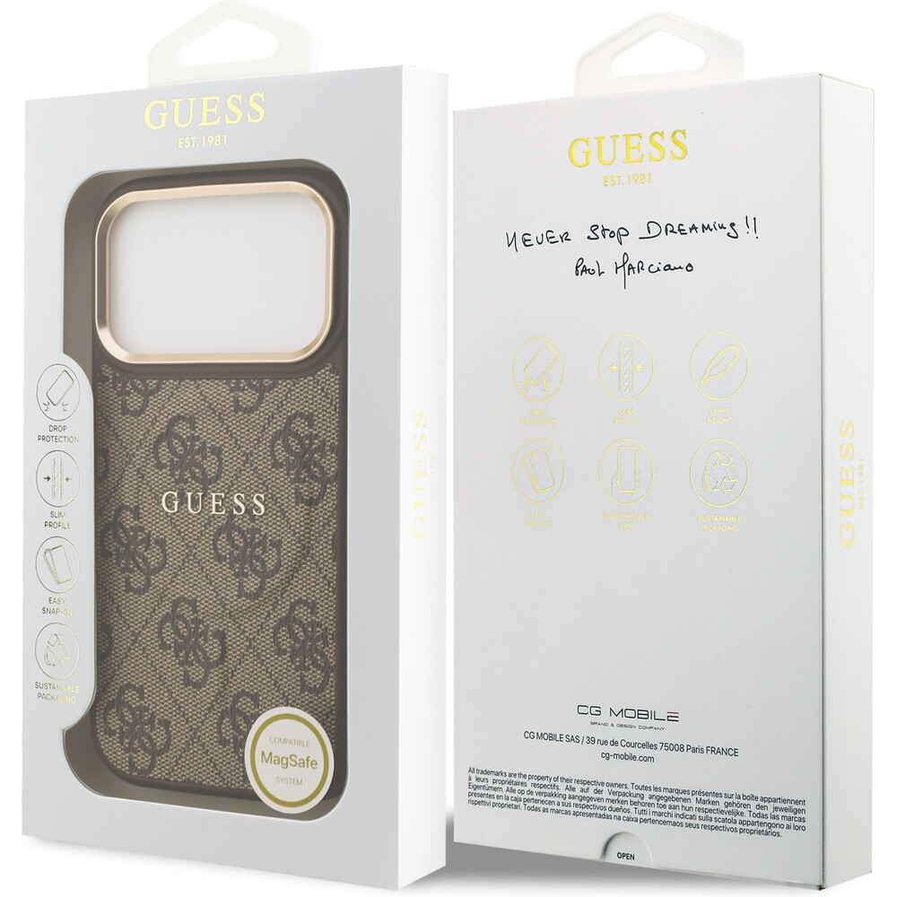 Guess-PU-Leather-4G-Gold-Frame-MagSafe-kryt-iPhone-17-Pro-hnedy