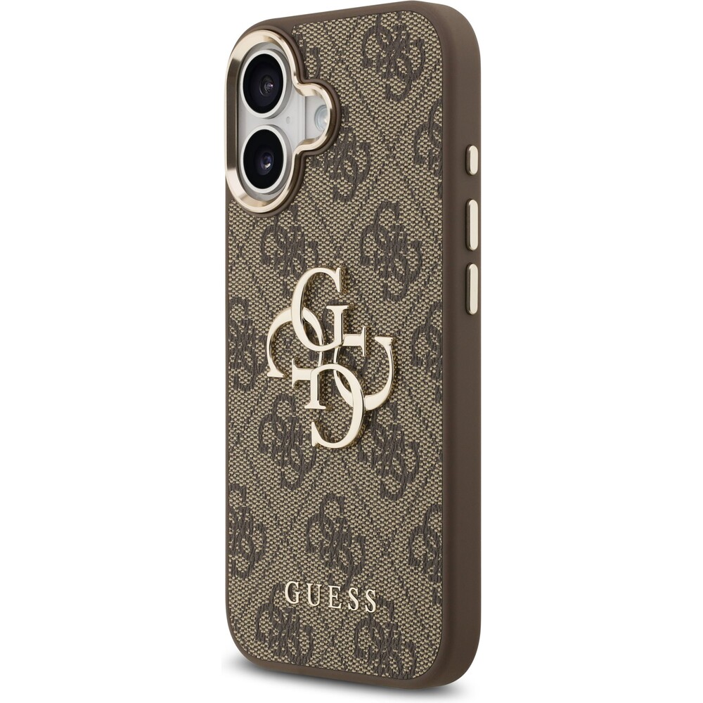 Guess-PU-Leather-4G-Metal-Logo-Gold-Frame-MagSafe-kryt-iPhone-17-hnedy