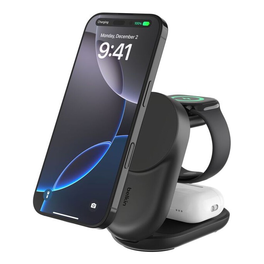 Belkin-UltraCharge-Qi2-25W-3v1-MagSafe-nabijecka-pro-iPhone-Apple-Watch-AirPods-cerna