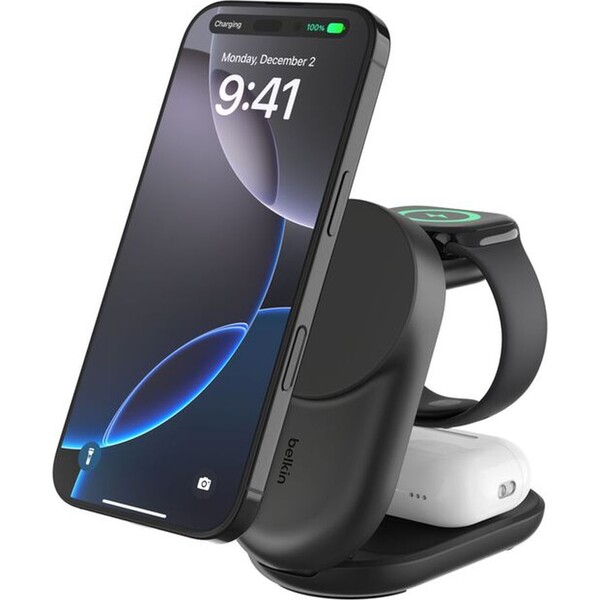 Belkin-UltraCharge-Qi2-25W-3v1-MagSafe-nabijecka-pro-iPhone-Apple-Watch-AirPods-cerna