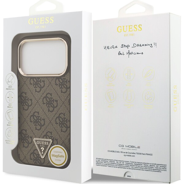 Guess-PU-Leather-4G-Triangle-Logo-Gold-Frame-MagSafe-kryt-iPhone-17-Pro-hnedy