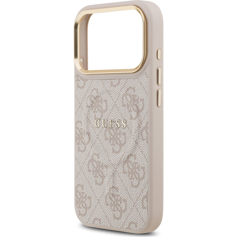 Guess-PU-Leather-4G-Gold-Frame-MagSafe-kryt-iPhone-17-Pro-ruzovy