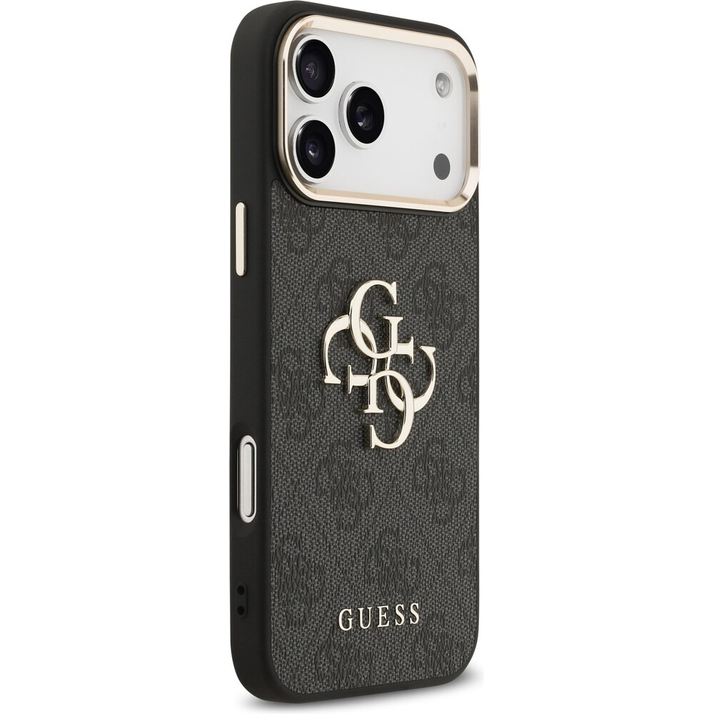 Guess-PU-Leather-4G-Metal-Logo-Gold-Frame-MagSafe-kryt-iPhone-17-Pro-Max-cerny