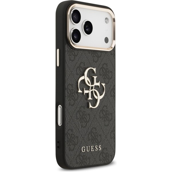 Guess-PU-Leather-4G-Metal-Logo-Gold-Frame-MagSafe-kryt-iPhone-17-Pro-Max-cerny