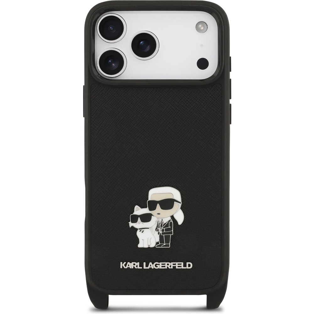 Karl-Lagerfeld-Saffiano-Crossbody-Popruh-Metal-Karl-and-Choupette-kryt-iPhone-17-Pro-Max-cerny