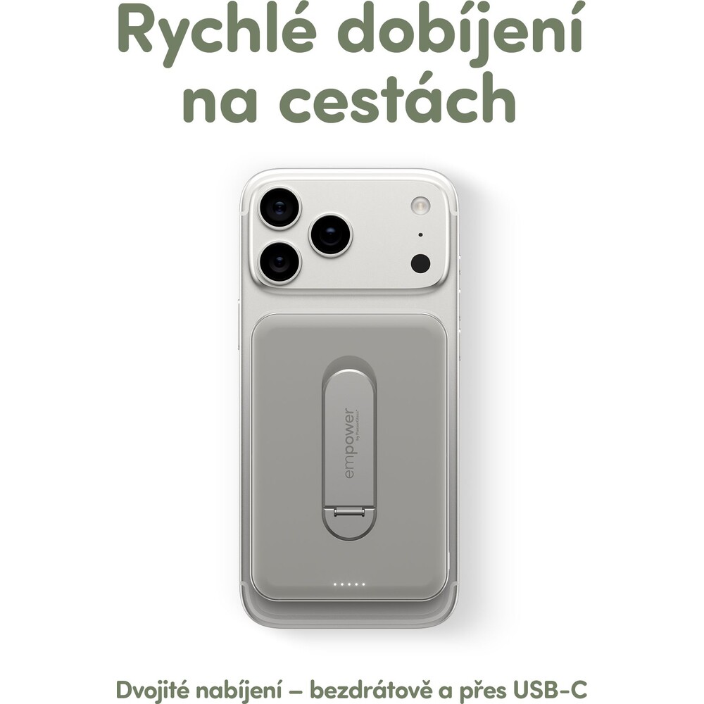 PanzerGlass-empower-bezdratova-Qi2-powerbanka-5000-mAh-MagSafe-otocny-stojanek-seda
