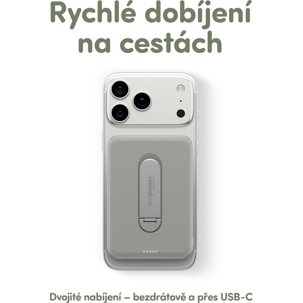 PanzerGlass-empower-bezdratova-Qi2-powerbanka-5000-mAh-MagSafe-otocny-stojanek-seda