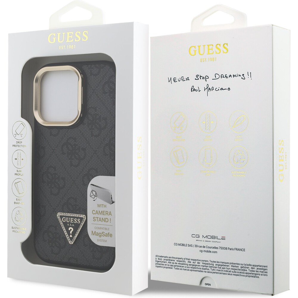 Guess-PU-4G-Strass-Triangle-Logo-Stand-Camera-Frame-MagSafe-kryt-iPhone-15-Pro-Max-cerny