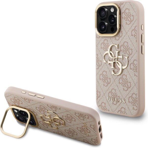 Guess-PU-4G-Metal-Logo-Stand-Camera-Frame-kryt-iPhone-15-Pro-ruzovy
