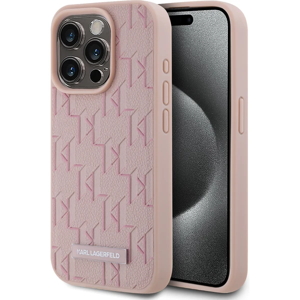 Karl Lagerfeld PU Leather Monogram Metal Logo Magsafe zadní kryt iPhone 15 Pro Max růžový - Pouzdra - Hlavní obrázek